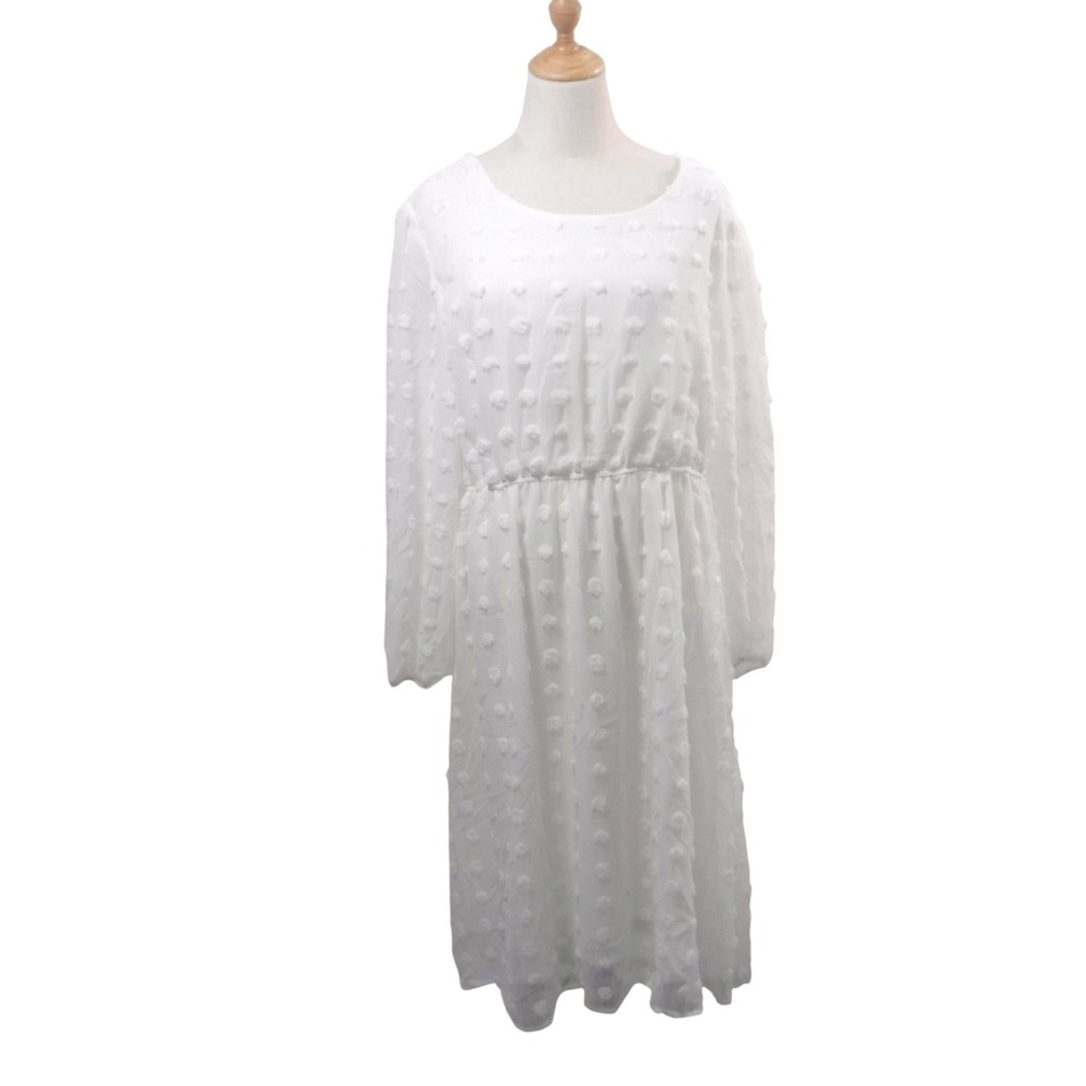 IN'VOLAND White Swiss Dot Midi Dress Plus Size 18W Chiffon Long Sleeve‎ Bridal